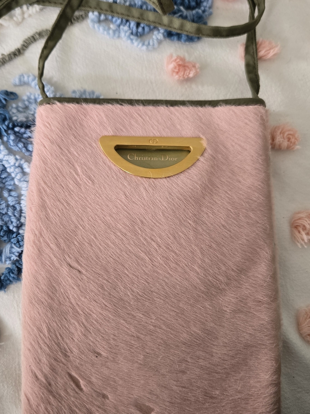 Dior Pink Faux-Fur Crossbody with Olive Strap and Gold Plaque